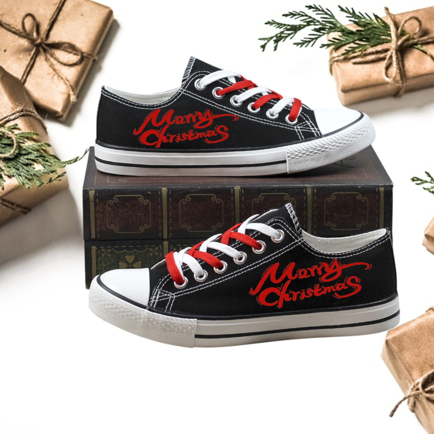 Merry Christmas Canvas Low Top Shoe Black Blue