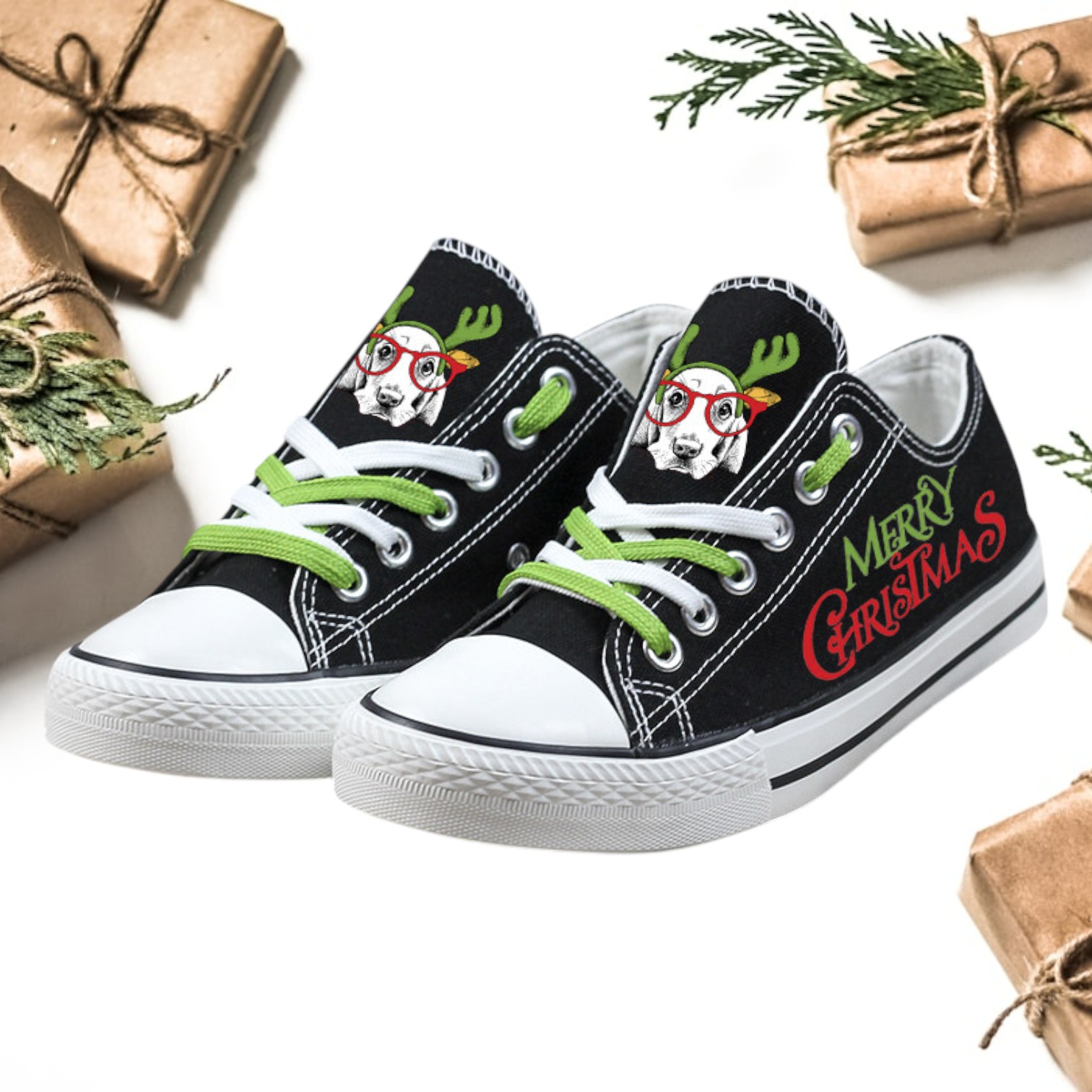 Merry Christmas Canvas with Dog Lover Low Top Shoe s Merry Christmas Canvas with Dog Lover Low Top Shoe s